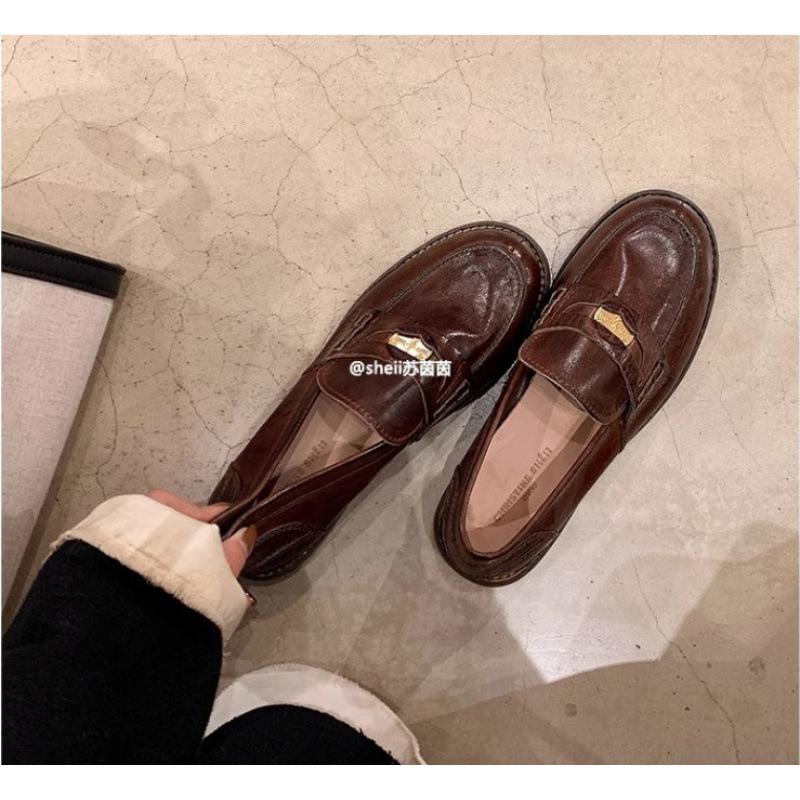 Shoes Horse Skin Retro Polished Small Gold Coins Thick Heel Thick Sole Small Leather Shoes
