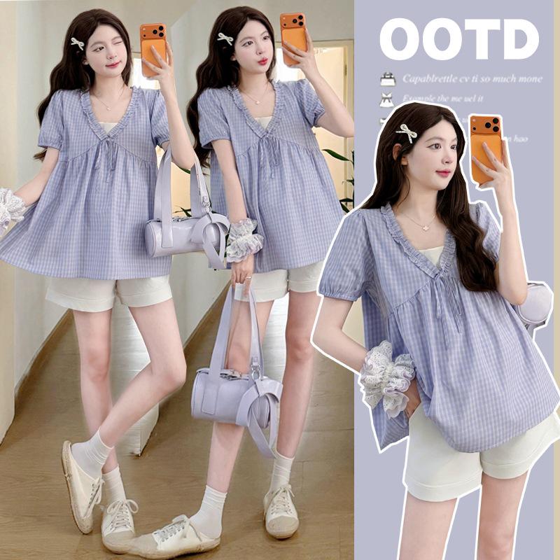 Korean Style 2026 Maternity V-Neck Two-Piece Top with Belly Slimming and Tummy Support Shorts 2XL