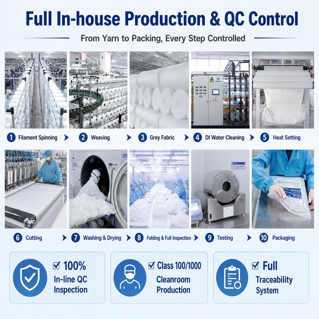 12X12inch Large Size Industrial Lint Free Cleanroom Wiper Kit Polyester Microfiber Wipes Cloth for Biopharmaceutical