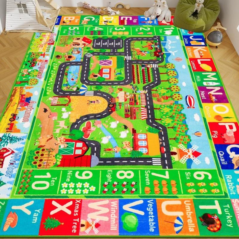 Kids' Farm Play Rug Colorful Animal Farmhouse Pattern Living Room Carpet Soft Non-Slip Road Traffic Mat for Playroom Living Room