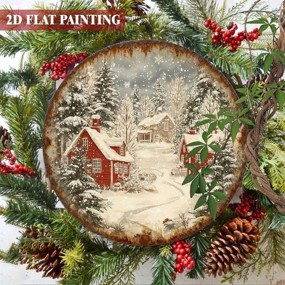 HUIHAY 8 Inch Round Metal Wall Art Red Cabin Snowy Landscape Christmas Winter Decor