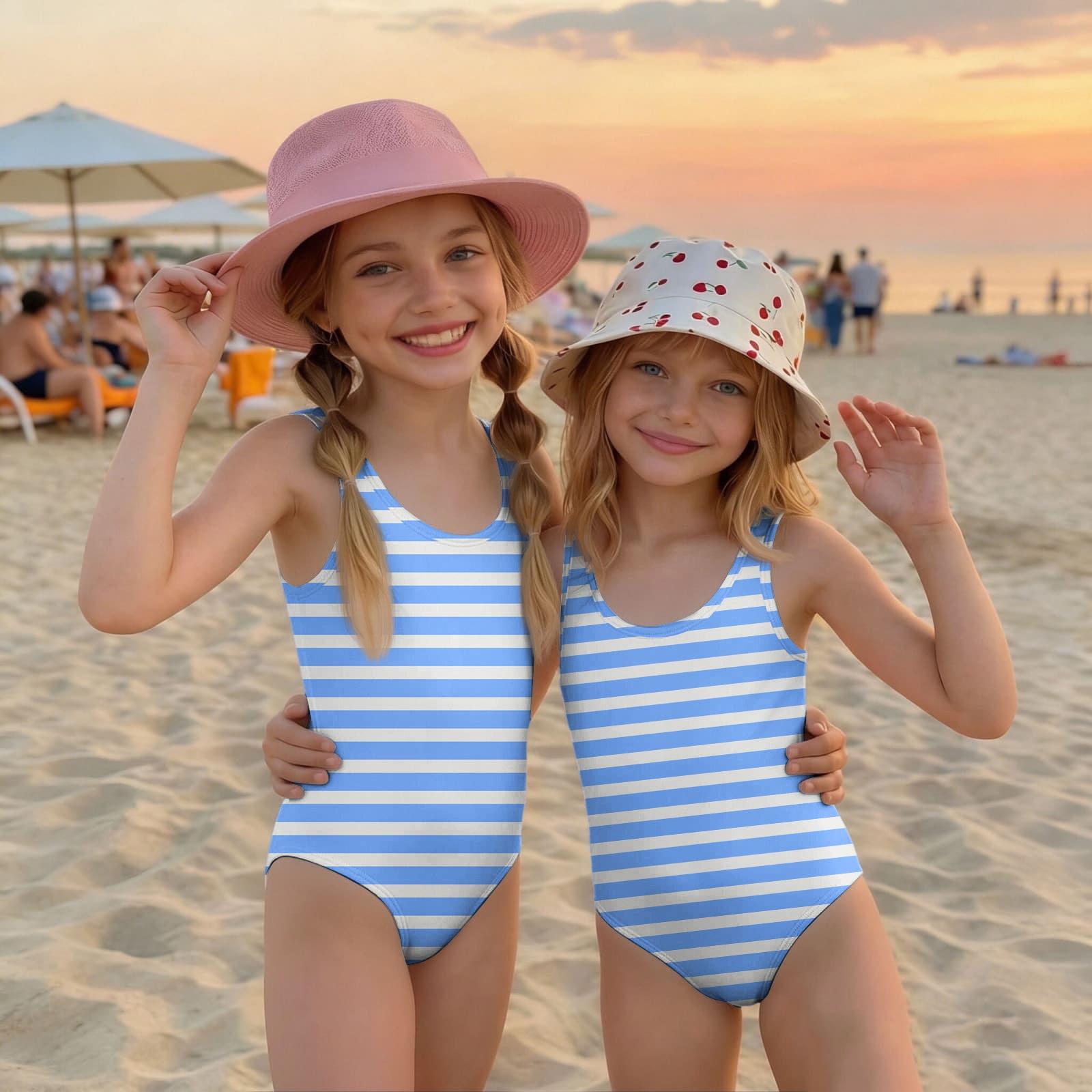 Mädchen Badeanzug gestreift ärmellos leicht Badebekleidung für Kinder Sommer Strand Pool 100 hellblaue