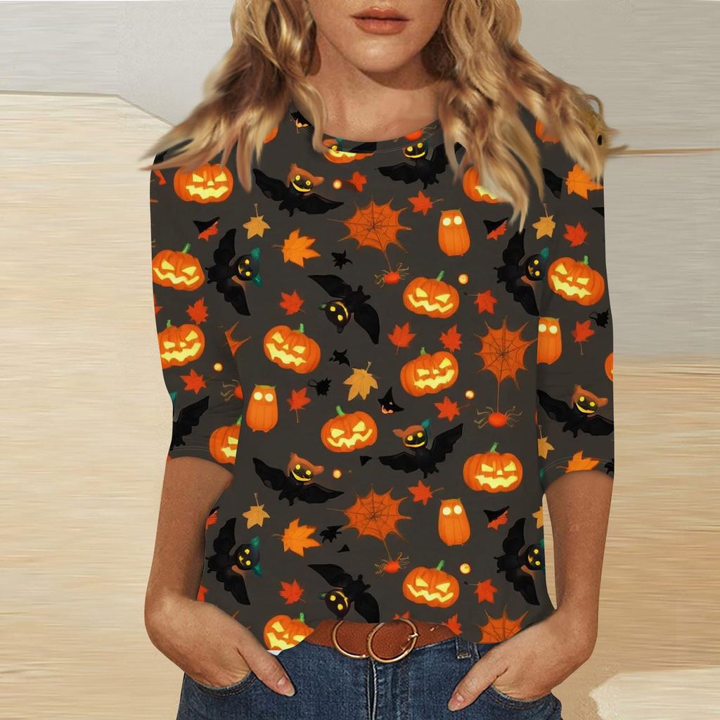 Women's Fashion Casual Three-quarter Sleeve Halloween Printed Round Neck Top