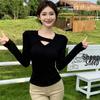 Women's Brushed Cotton Flannel V-Neck Slimming Long Sleeve Patchwork Top