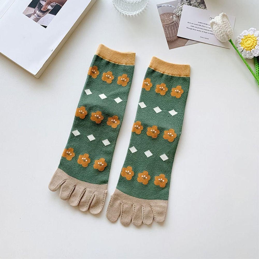 Stripe Grid Five Finger Tube Socks Breathable Toe Separator Socks Split Toe Short Socks Daily