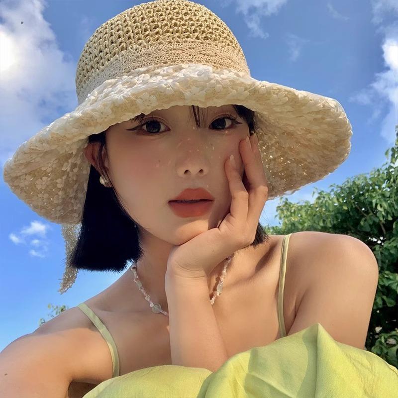 Lace bow straw hat women's summer breathable large brim sunshade sunscreen hat seaside outing beach hat