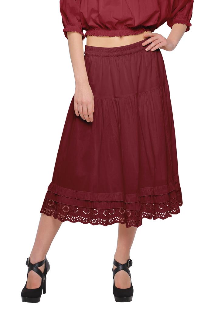 Moomaya Solid Skirts For Women Knee Length Cotton Flared Girls Skirt