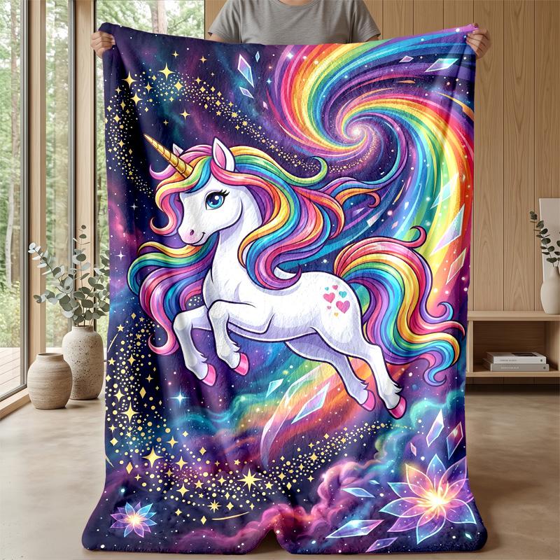 Rainbow Unicorn In Galaxy Theme Blanket Lightweight Warm Flannel Blanket Decorative Throw Blanket for Home Decoration