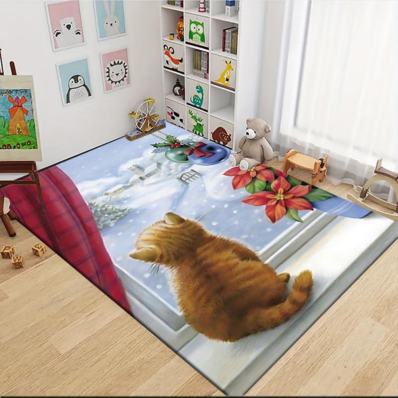 Cat Snowy Scene Carpet Rug Soft Washable Anti Slip Home Living Room Sofa Mats Personalized Christmas Rug