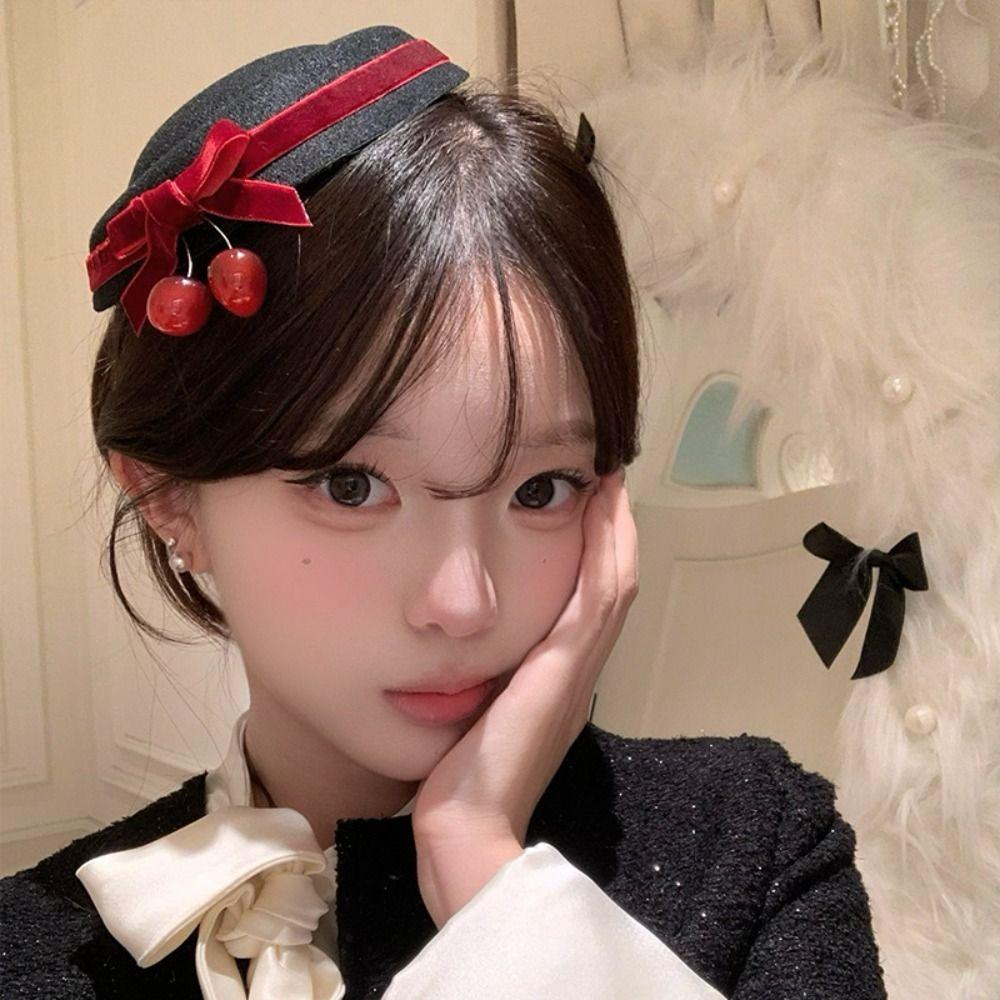 Headdress Round Hat Hair Clip French Style Women Hairpin Vintage Cherry Hat Hairpin  Photography