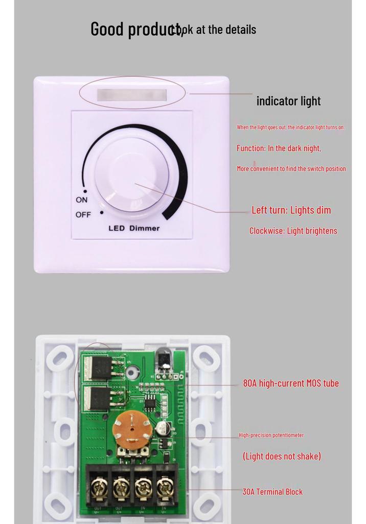 Flicker-Free LED Dimmer Switch: 12V/24V, 30A, Single Color, Knob Control for Low Voltage Light Strips