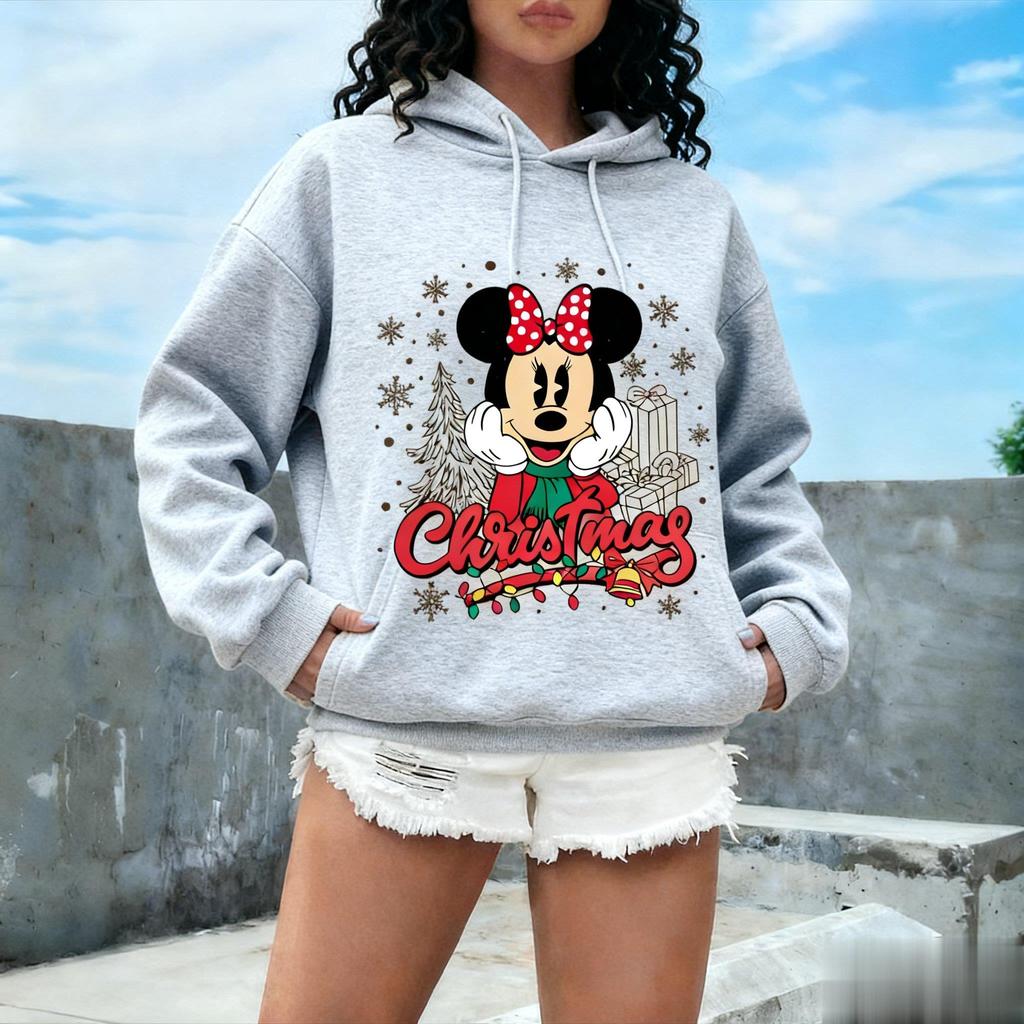 Υπερμεγέθη Vintage Χριστουγεννιάτικη Μπλούζα Φούτερ με Κουκούλα Minnie Mouse για Γυναίκες Άνδρες Αστείο Κινούμενο Σχέδιο με Εκτύπωση Πουλόβερ Μπλούζα Άνοιξη Φθινόπωρο Μόδα Τοπ