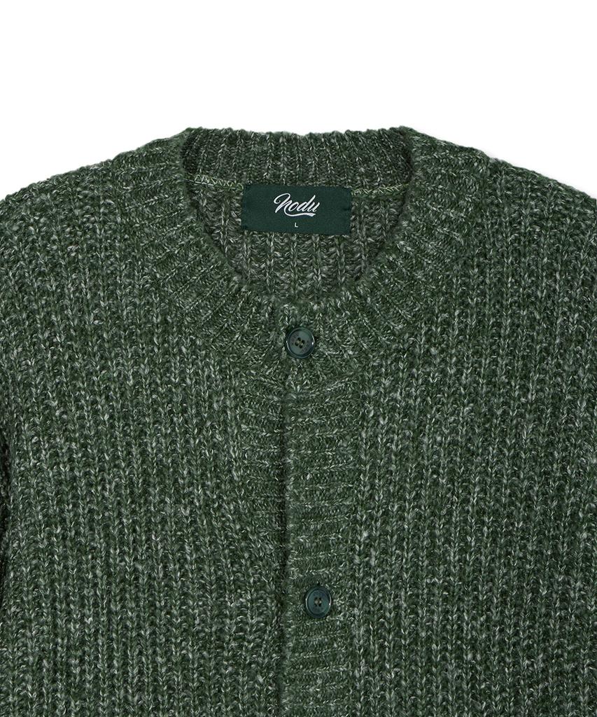 Nodu Adn Heathered Hacci Round Neck Semi-Oversized Long Sleeve Knit Cardigan [Green]