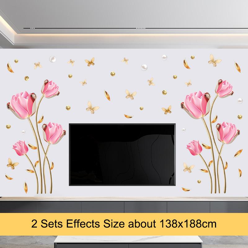 Creative Chinese Style Tulip Wall Sticker Self Adhesive Elegant Simulated Flower Decal for Bedroom Bedside TV Background Wall Decor