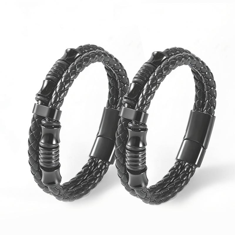 Men's Woven Leather & Titanium Steel Bracelet with Magnetic Buckle