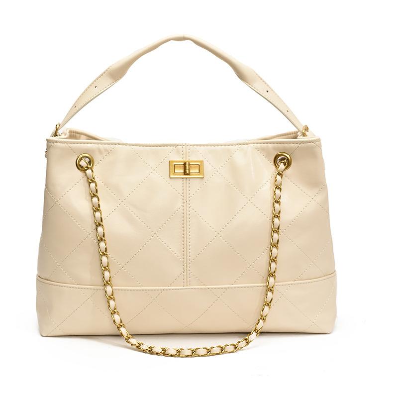 

New diamond chain retro wandering color matching cowhide blue child shoulder tote bag