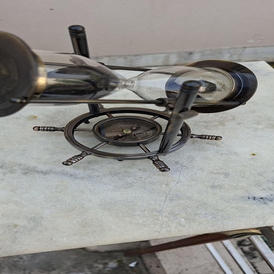 Brass Hourglass Sand Timer Hanging Nautical Timer with Compass Wheel Base