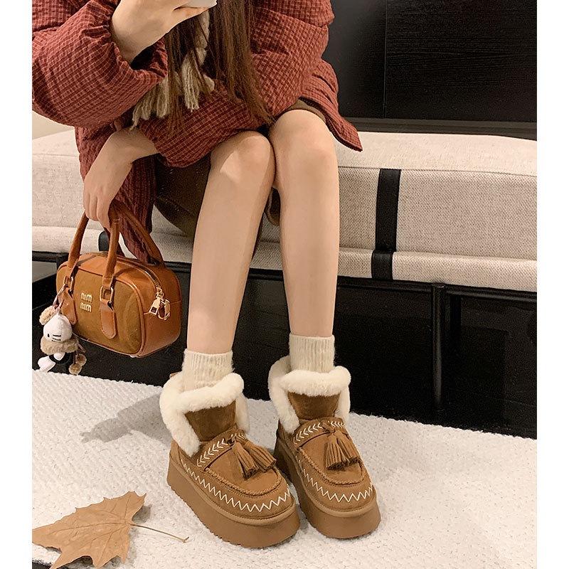 Fleece Snow Boots Women's 2026 New Winter Thickened Warm Wool Cotton Shoes Thick-soled Versatile Height-increasing Short Boots