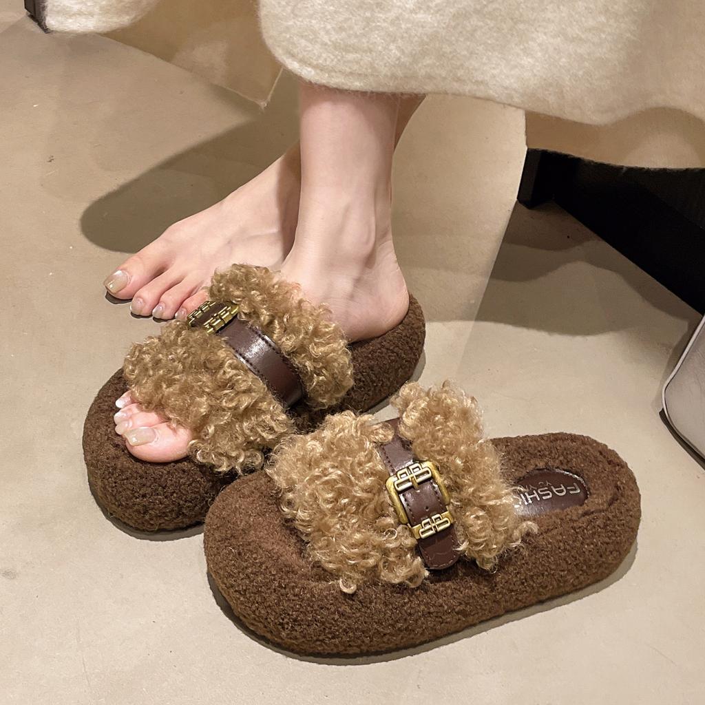 Thick-soled fluffy slippers outer wear 2025 autumn and winter new belt buckle home office plush cotton slippers women