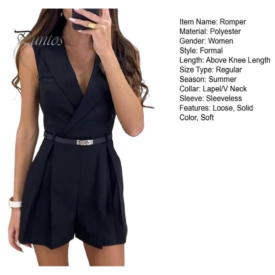 Dámský letní overal s límcem do V, jednobarevný plisovaný Slim Fit bez rukávů OL Formální styl pro dojíždění Měkký overal v délce nad kolena (Pás Ne