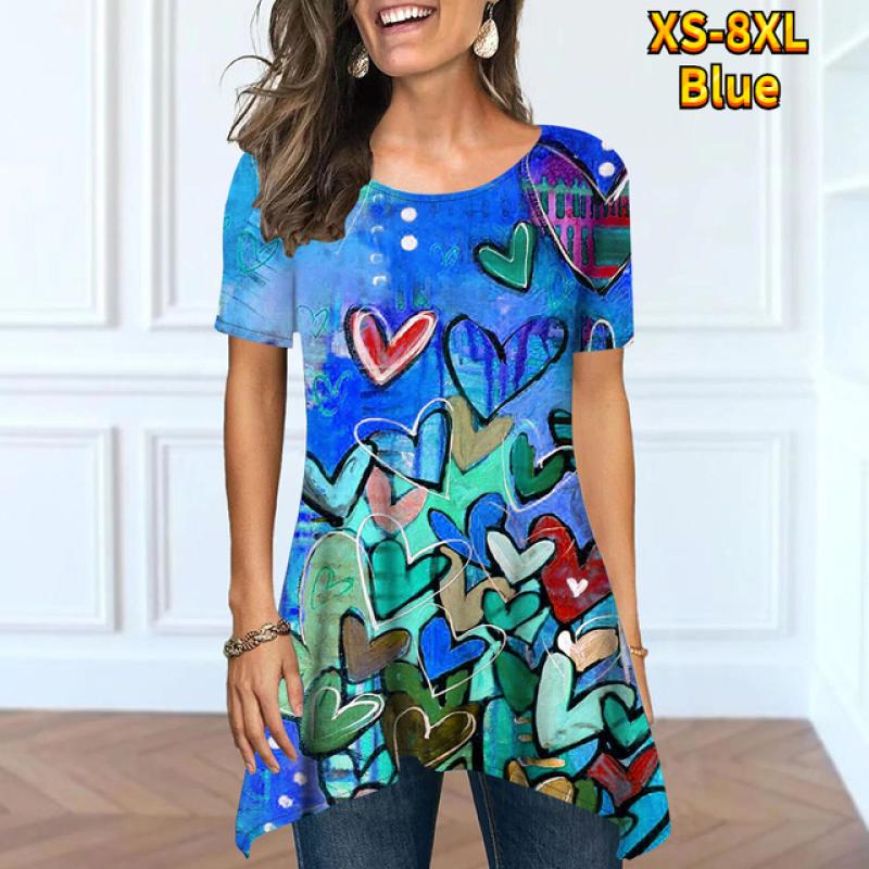 

Летняя женская базовая модная и удобная уличная одежда, повседневный свободный топ с короткими рукавами и круглым вырезом под разрезом XS-8XL S