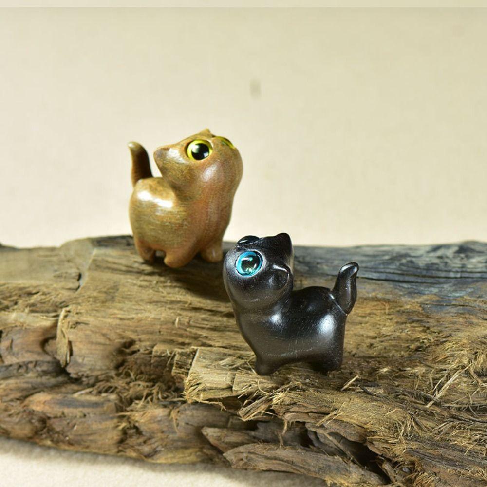 Sandalwood Cat Desktop Figurine Kawaii Animal Sculpture Office Figurine Animal Doll Toy  Home