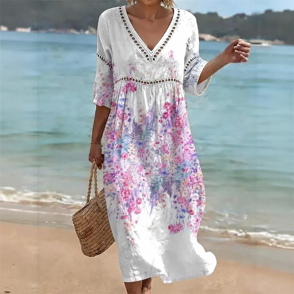 Damen V-Ausschnitt Midi-Kleid mit Blumenprint für den lässigen Strandurlaub