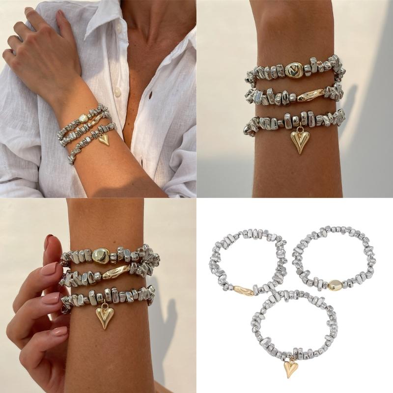 3Piece Elastic Stretch Beaded Bracelet Set Dumpy Gold Silver Ball Stackable Jewelry For Women Irregular Art Design