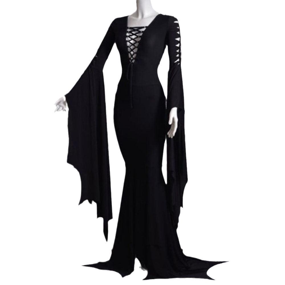 New Halloween sexy strap-on hip-wrapped gothic female European and American horn sleeve lace-up V-neck dress