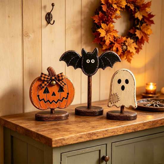 Autumn Atmosphere Interior Accents Halloween Wooden Tabletop Decor, Vintage Pumpkin Ghost Bat Figurines, Rustic Farmhouse Fall Party Indoor