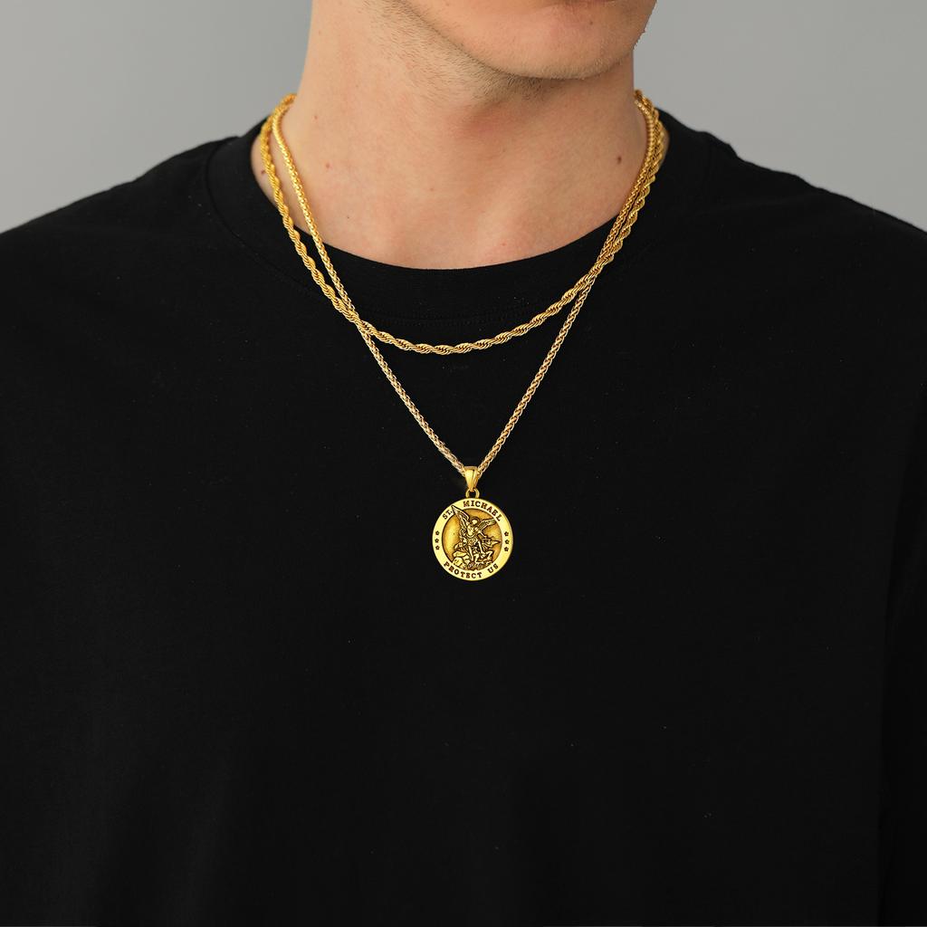 U7 Round Medal St Michael Necklaces for Men Stainless Steel Catholic Protection Amulet Archangel Pendant 22" Chain Jewelry Gift
