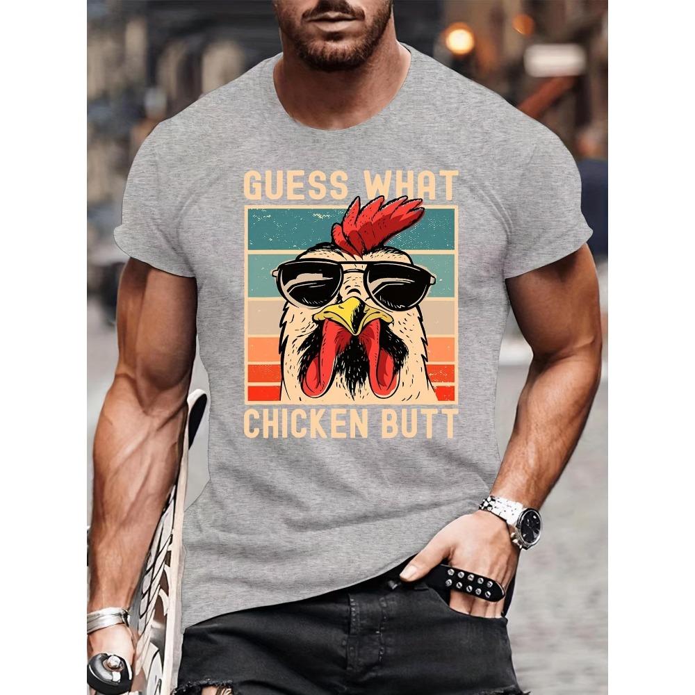 Funny Graphic Men's Lightweight , Black with Colorful Rooster Design, Machine Washable, Casual Short Sleeve Summer Tee