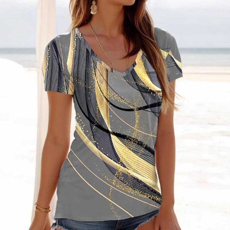 Summer V-neck 3D Printed Top Fashionable Casual Short Sleeved Women's T-shirts