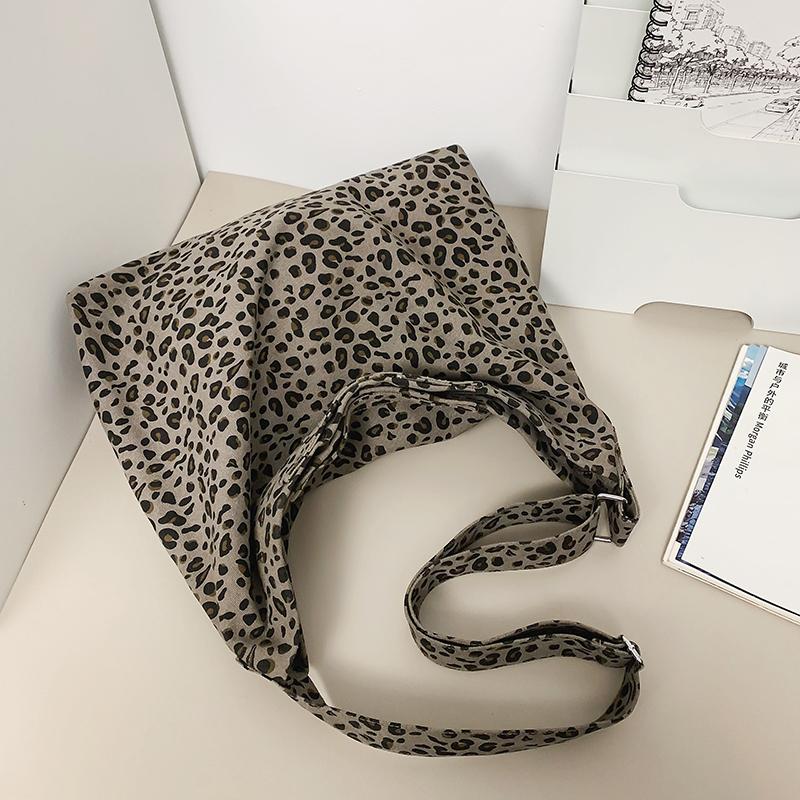 Leopard Print Canvas Shoulder Bag Women Crossbody Bag Large Capacity Tote Bag