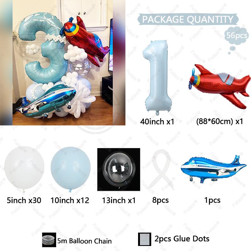 

56Pcs Airplane Themed Blue Digital Balloon Set 1-9 Birthday Party Decoration baby Shower Globos Gift Shooting Props As The Picture