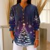 Women's Fashionable Button Collar Long-sleeved Christmas Print Pullover Top