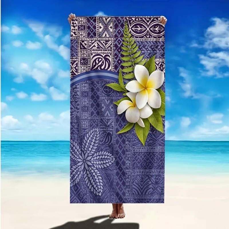 Bohemian Polynesian Towel Large Ethnic Tapa Pattern with Plumeria Flowers Microfiber Towel for Vacation