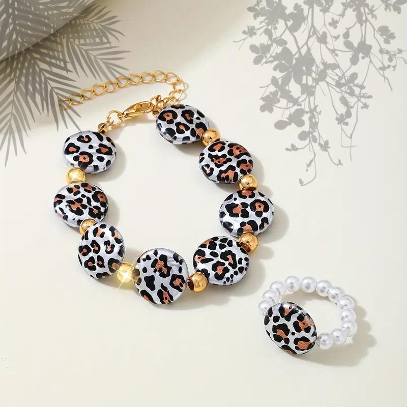 Boho Geometric Leopard Bracelet & Faux Pearl Ring Set