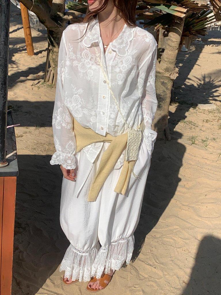 Women's Lemon Green Tea Lace Embroidery Jacquard Shirt - 3D Retro Sun Protection Cardigan for Spring 2026.