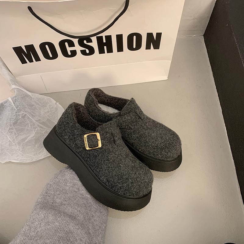 Fashion Women's Slope Heel Single Shoes Winter New Round Head Deep Mouth Suede Anti-slip Wear-resistant Low-top Shoes