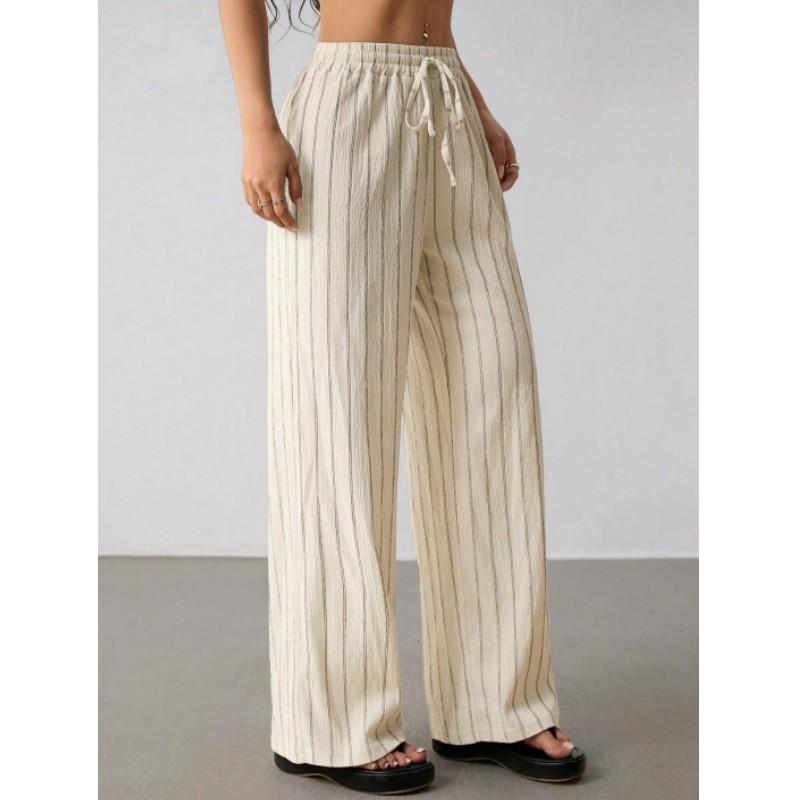 Women's Spring Retro Striped Wide-Leg High-Waisted Slimming Straight-Leg Casual Pants for Work