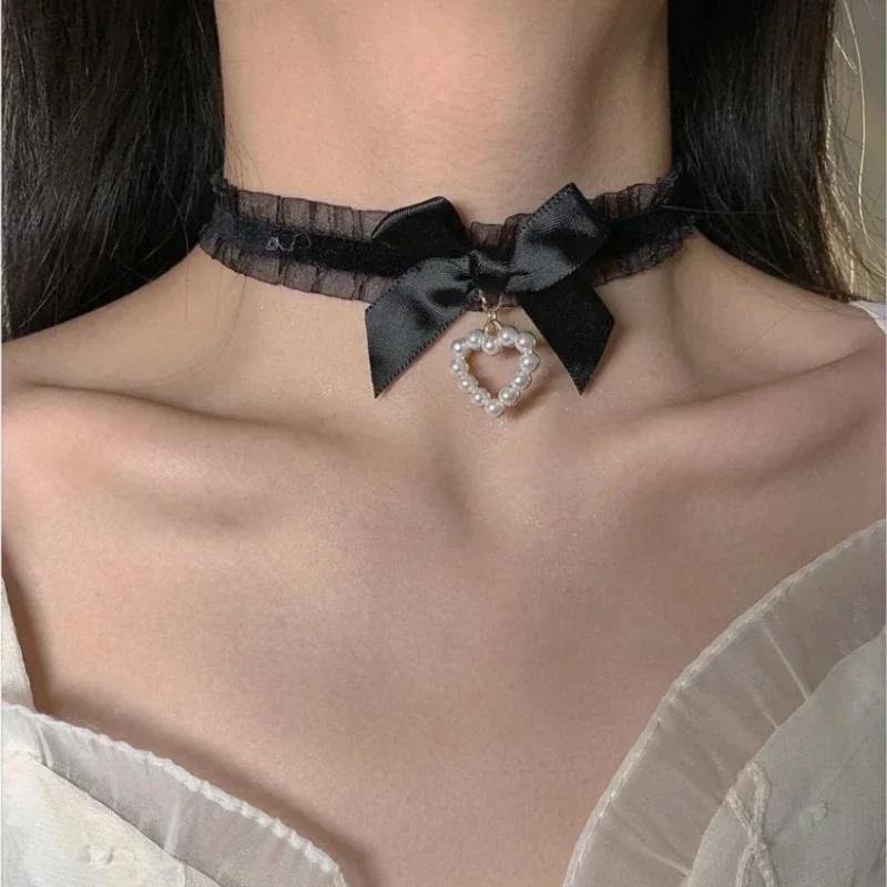 1PC Women's Cute Collar Lolitas Handmade Vintage Lace Heart Choker for Women Gothic Bow Knot Necklace Girls Uniform Accessories