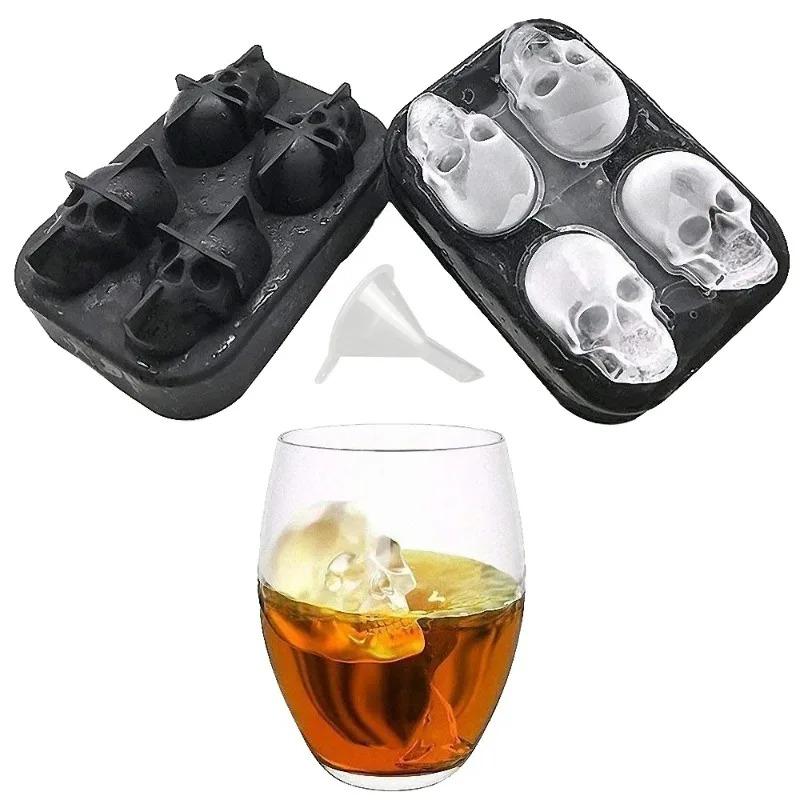 3D Diamond Skull Ice Cube Mold with Funnel Silicone Flexible 4-Cavity Ice Maker Mold Ice Cream Tool Cube Maker