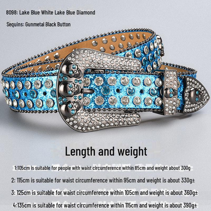 Curea de lux cu cataramă cu strasuri și craniu închis la culoare, cu paiete și diamante