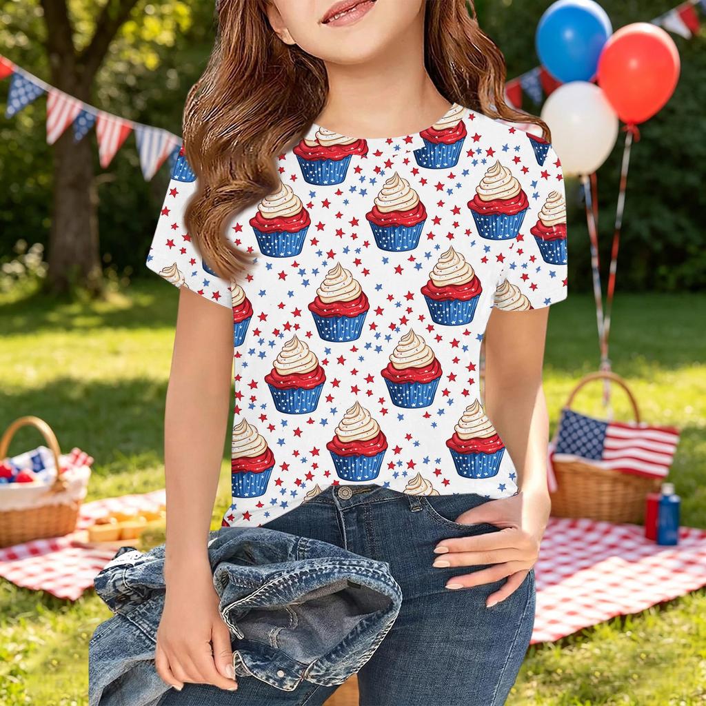 Girls Short Sleeve T Shirt Cupcake Print Independence Day Pattern Kids Casual Tee Top Soft Comfortable Fit Summer Shirt
