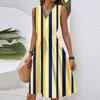 Women's Summer Fashion Loose V-Neck Sleeveless Lace-Up Striped Print Dress