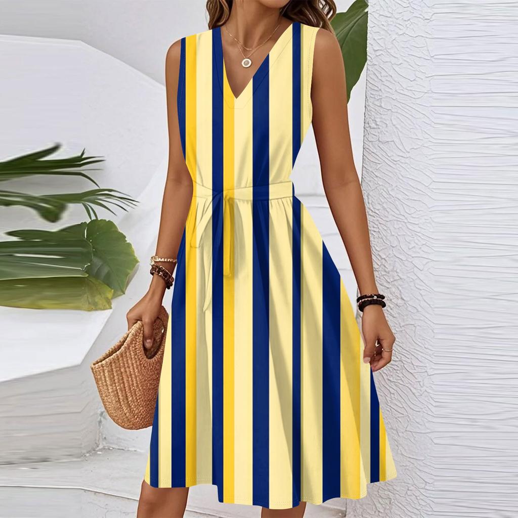 Women's Summer Fashion Loose V-Neck Sleeveless Lace-Up Striped Print Dress