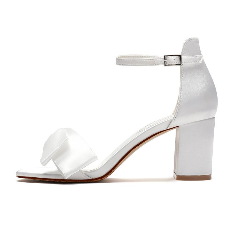7Cm thick heel light mouth word with sandals ribbon bow satin bridal wedding dress open-toed women's sandals