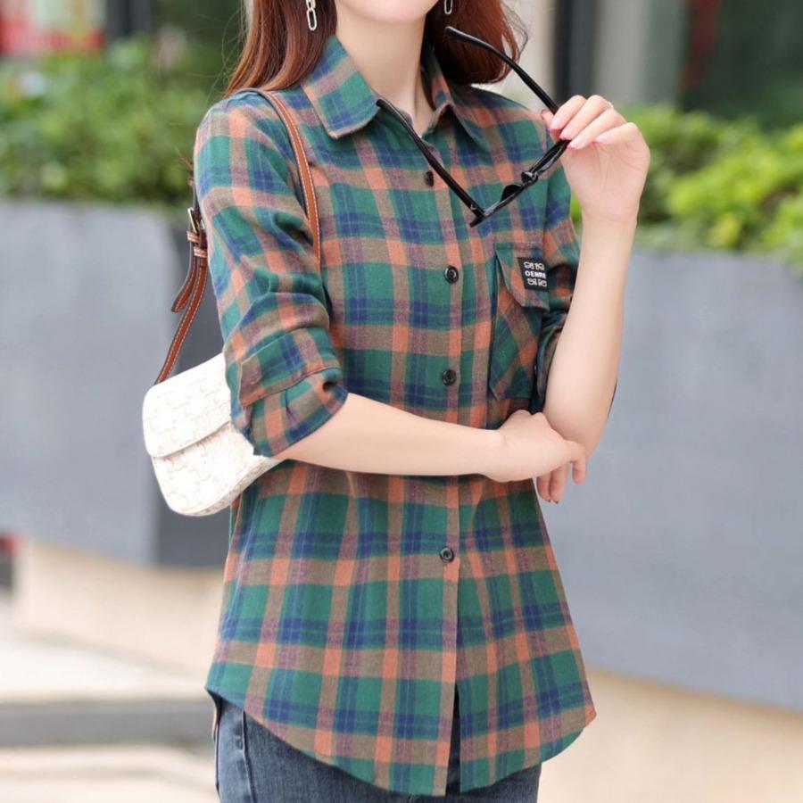 Kariertes Langarm-Baumwollhemd für Damen Modische Mutter mittleren Alters Frühling Sommer Trendig Lässige Karoblusen Oberteil