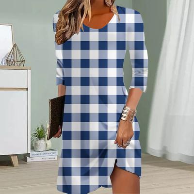 Women Casual Dress Autumn Small Squares Print Dresses For Women O-neck Short Sleeve Dress Plus Size